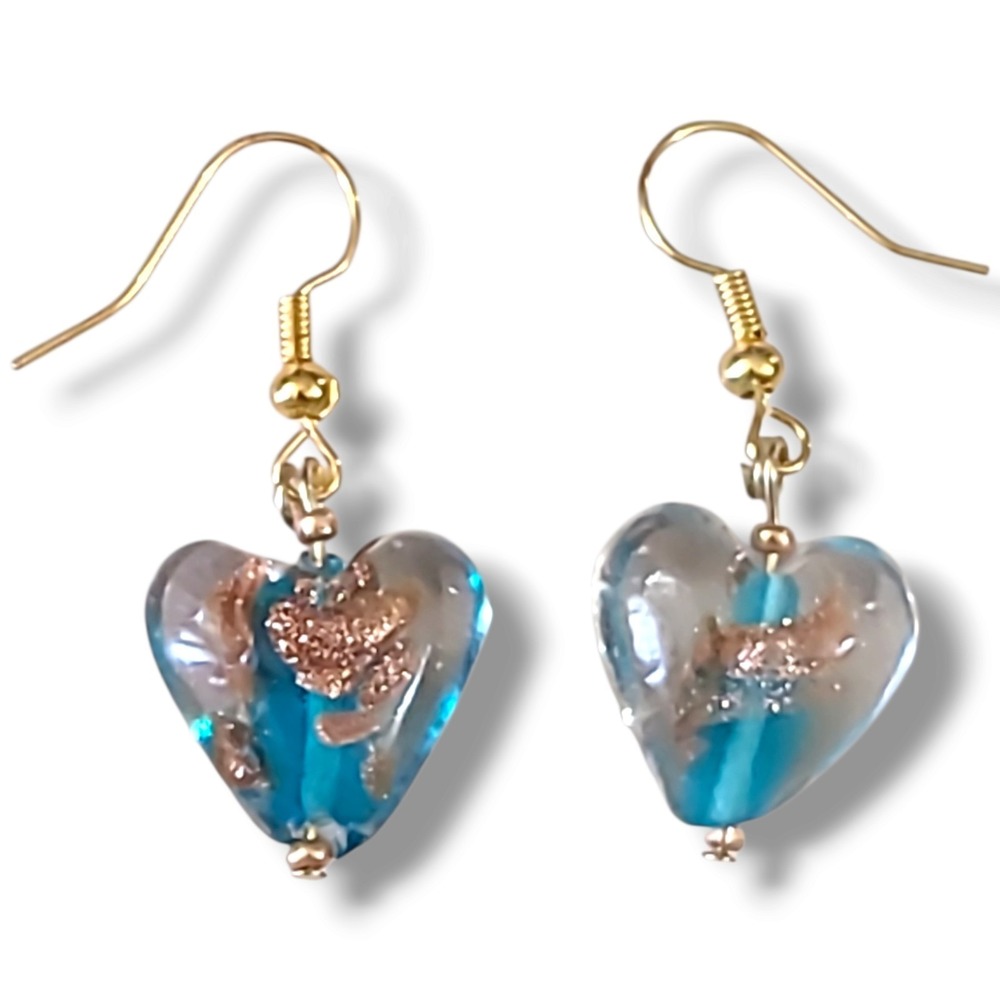 Handmade Lampwork Art Glass Heart Earrings Blue Copper Gold Dangle New